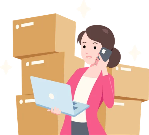 7 Female Entrepreneur Busy Work And Contact To Coordinate The Delivery Of Goods From The Warehouse Flat Illustration