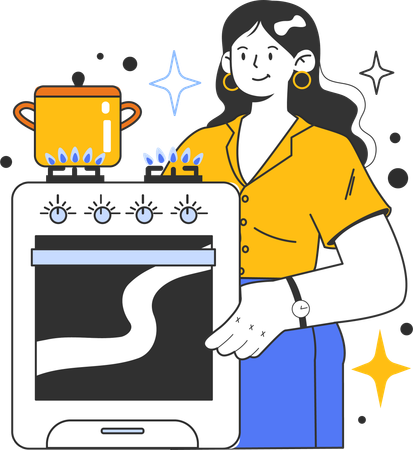 Young woman cooking food on gas range  Illustration