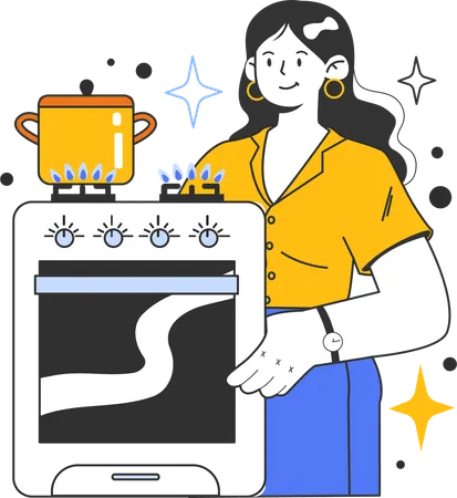 Young woman cooking food on gas range  Illustration