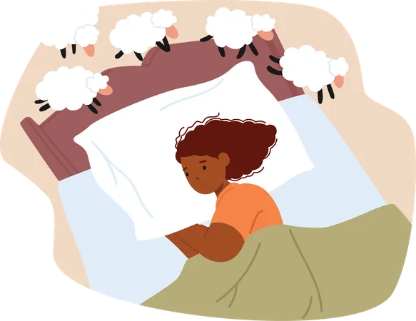 Young woman counting sheep suffering from sleep disorder and insomnia due to stress in life  Illustration