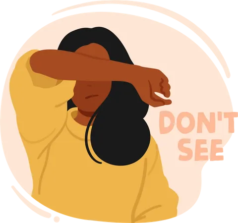 Young Woman Covering Her Eyes Like Wise Monkey Do Not See Evil Human Emotional Balance And Body Language Concept Female Character Refuse To See Evil Cartoon People Vector Illustration Illustration