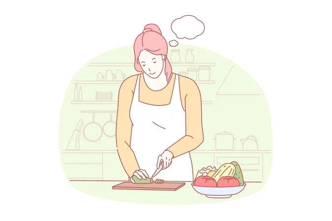 Cooking Preparing Dinner Gastronomy Concept Working And Dreaming Diet Food Healthy Nutrition Young Woman Cutting Vegetables Girl Making Salad And Speech Bubble Simple Flat Vector Illustration