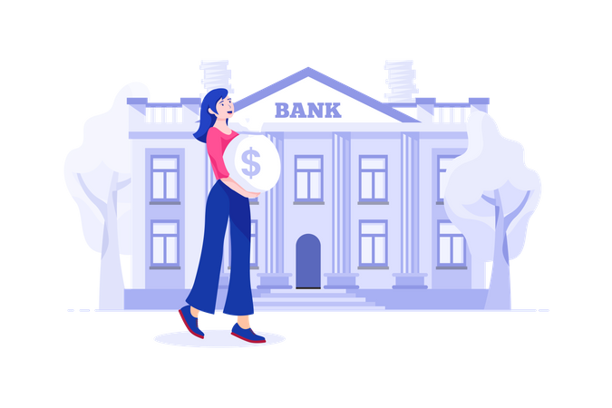 Young woman deposing money in bank Illustration