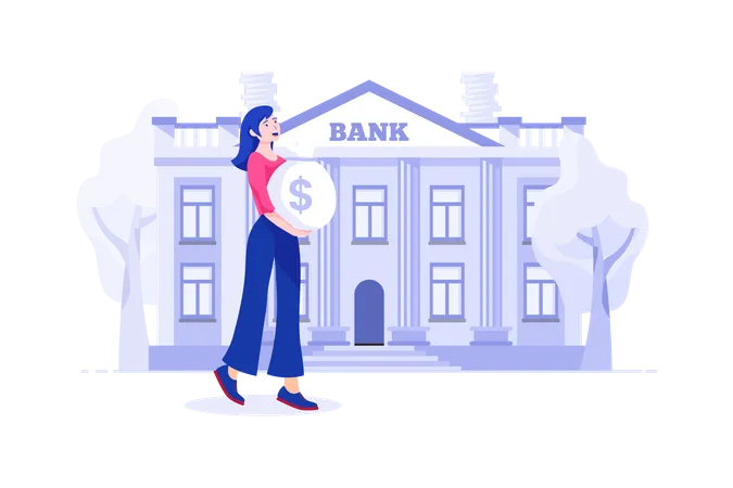 Young woman deposing money in bank  Illustration