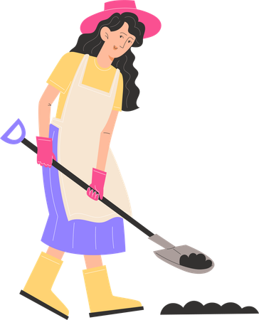 Young woman digs ground with a shovel  Illustration