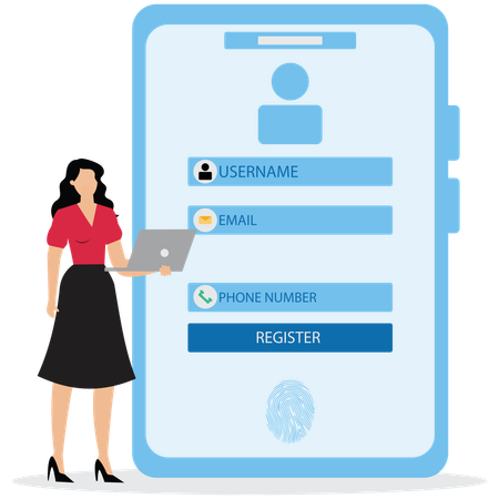 Young woman doing Online registration and sign up using laptop  Illustration