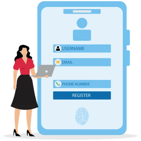 Young woman doing Online registration and sign up using laptop  Illustration