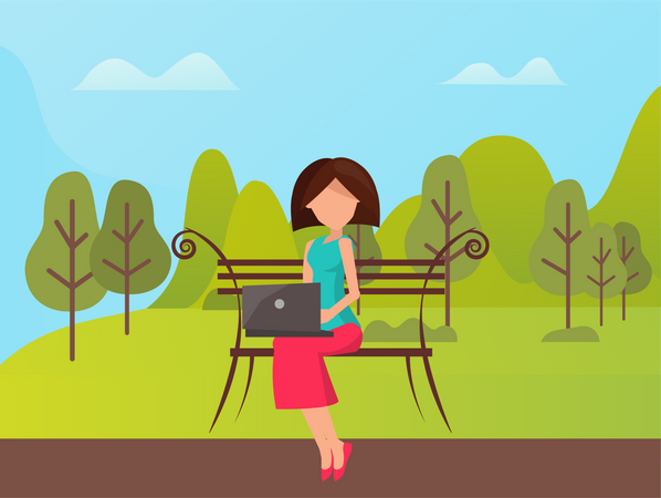 Young woman doing work on laptop in park  Illustration