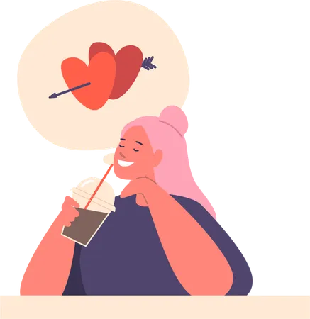 Young Woman With Closed Eyes Dreaming Of Love While Enjoying Drink In Cozy Cafe Her Heart Whispers Tales Of A Romantic Future Where Passion And Affection Bloom Cartoon People Vector Illustration イラスト