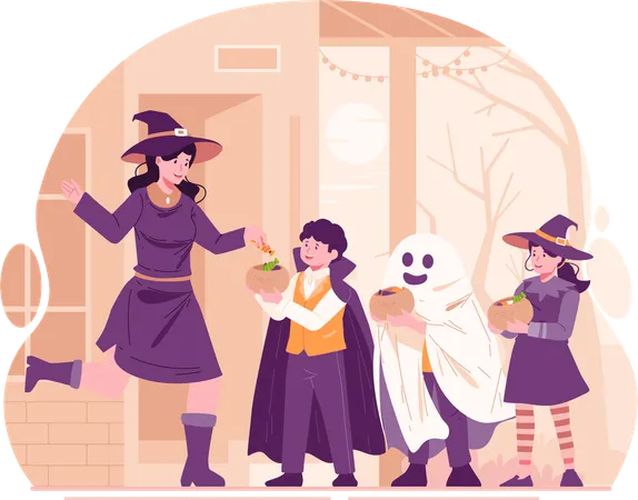 Young Woman Dressed as Witch Hands Out Candy to Children Dressed in Halloween Costumes  일러스트레이션