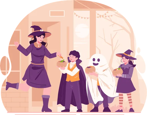 Young Woman Dressed as Witch Hands Out Candy to Children Dressed in Halloween Costumes  Illustration