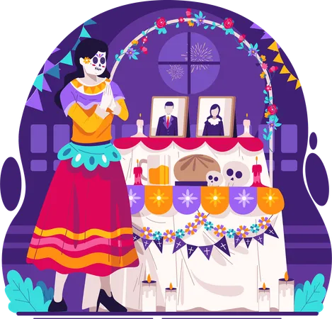 Young woman dressed in calavera Catrina costume praying near altar  Illustration