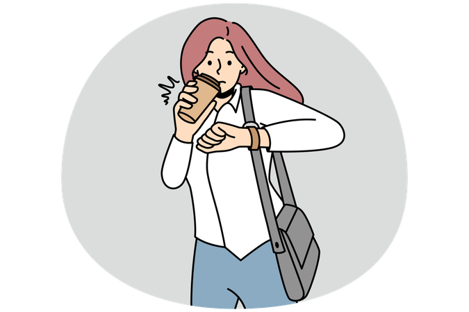 Young woman drink coffee from takeaway cup look at wristwatch worried to miss deadline  Illustration