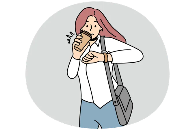 Young woman drink coffee from takeaway cup look at wristwatch worried to miss deadline  Illustration