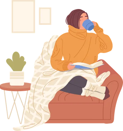 Young woman drinking hot tea and reading book at home  Illustration