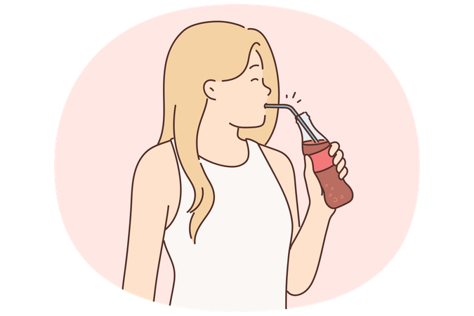 Young woman drinking soda from bottle using straw enjoying invigorating chilled drink  Illustration
