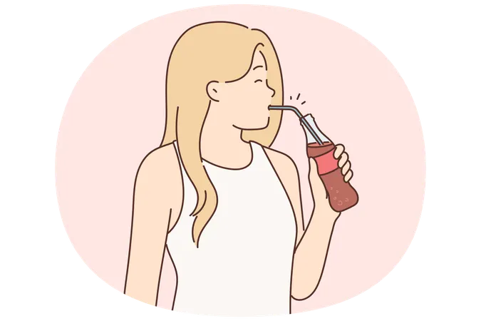 Young woman drinking soda from bottle using straw enjoying invigorating chilled drink  Illustration