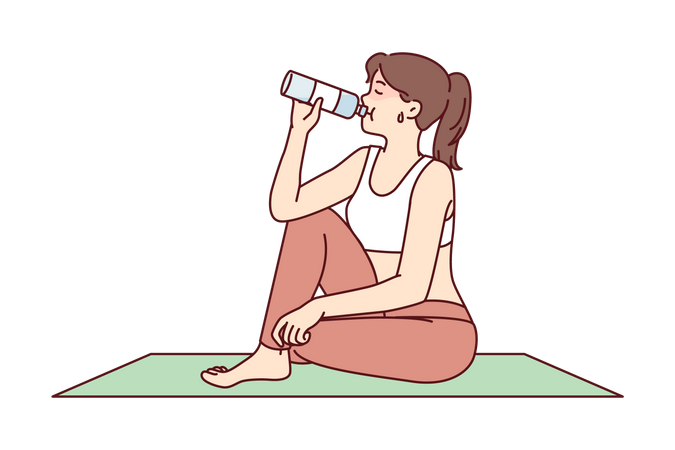 Young woman drinking water after yoga Illustration