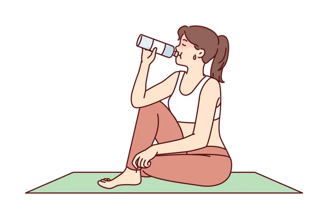 Young woman drinking water after yoga Illustration