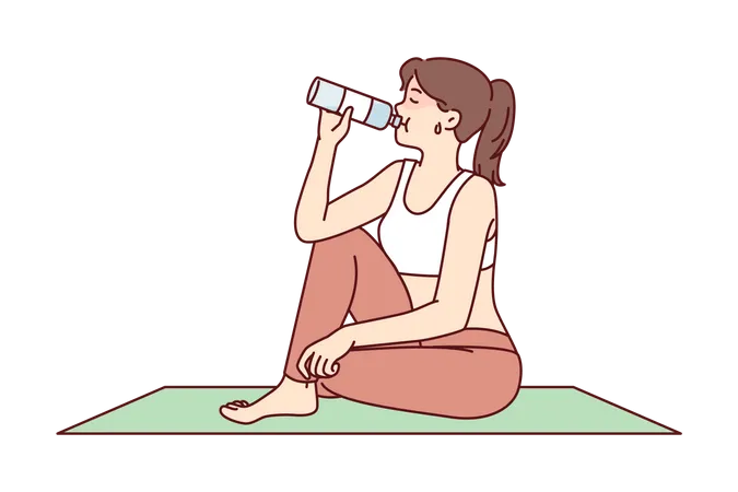 Young woman drinking water after yoga  Illustration