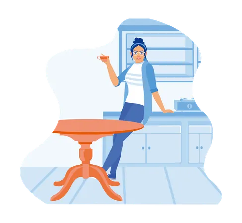 Young woman drinks tea in her kitchen while preparing to leave for work  Illustration