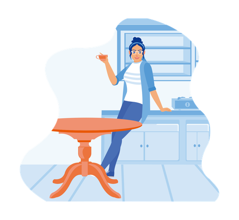 Young woman drinks tea in her kitchen while preparing to leave for work  Illustration