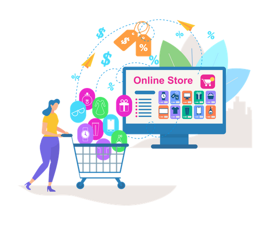 Young Woman Drive Shopping Cart with Purchases  Illustration