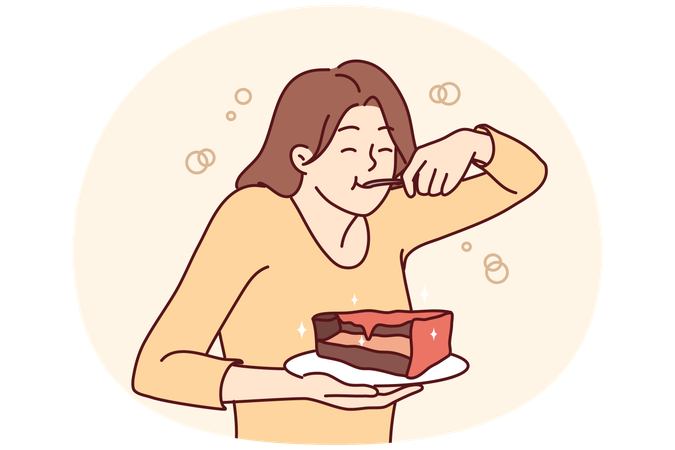 Young woman eating chocolate cake  Illustration