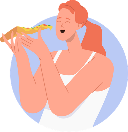 Young woman eating delicious pizza slice italian fast food with pleasure  Illustration