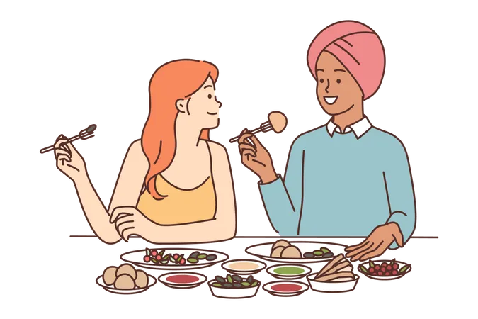 Young woman eating dinner  Illustration