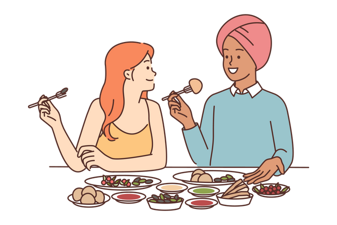 Young woman eating dinner  Illustration