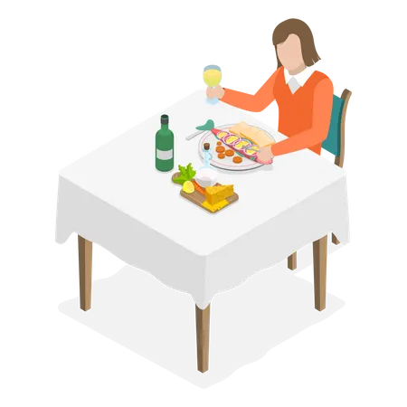 3 D Isometric Flat Vector Conceptual Illustration Of Woman Eating Dinner Fish And Wine Illustration