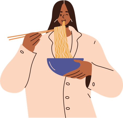Young woman eating noodles  イラスト