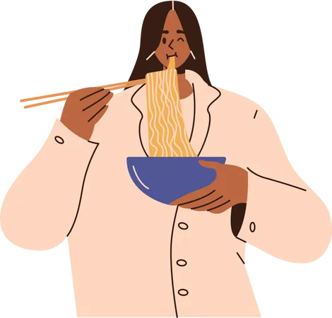 Young woman eating noodles  Illustration