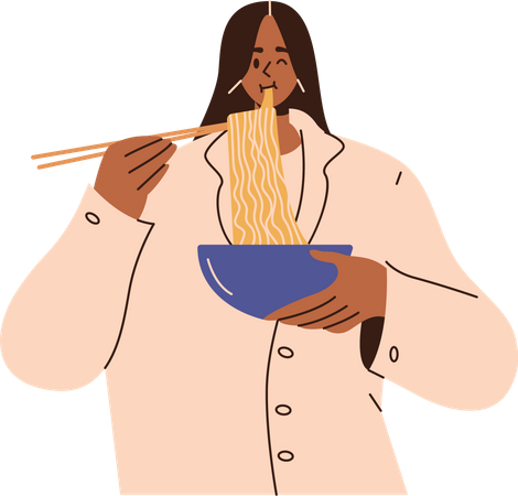 Young woman eating noodles  Illustration