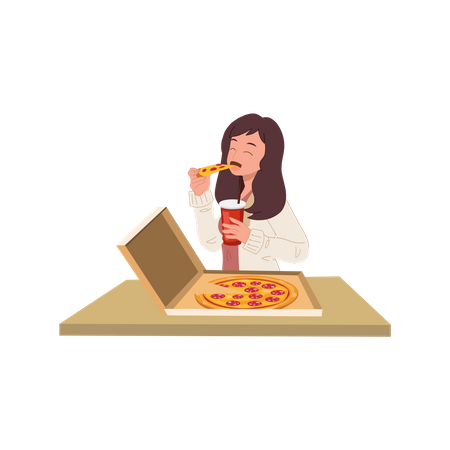 Young woman eating pizza from box  Illustration
