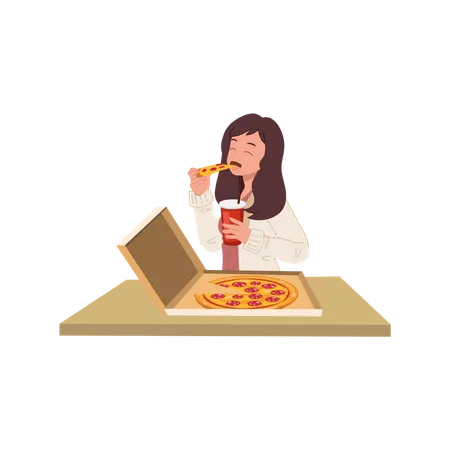 Young woman eating pizza from box  Illustration