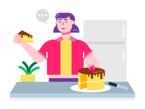 Young woman eating slice of cake near the refrigerator.  Illustration