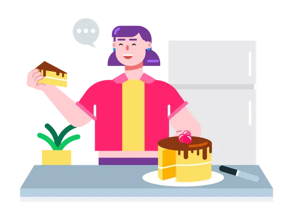 Young woman eating slice of cake near the refrigerator.  Illustration