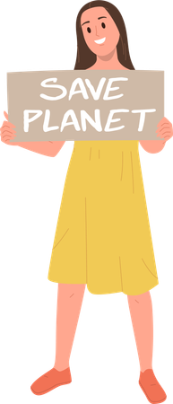 Young woman eco activist  standing with placard encouraging to save planet  Illustration