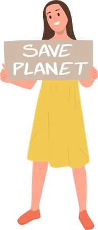 Young woman eco activist  standing with placard encouraging to save planet  Illustration