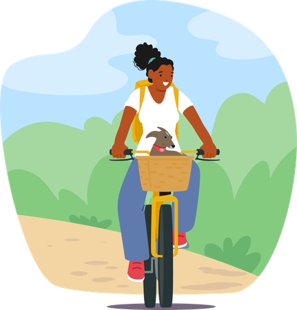 Young Woman Enjoying Bike Ride With Dog Sits In Front Basket  Illustration