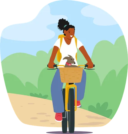 Young Woman Enjoying Bike Ride With Dog Sits In Front Basket  Illustration