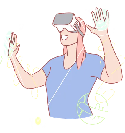 Young woman enjoying virtual world using vr goggles  Illustration