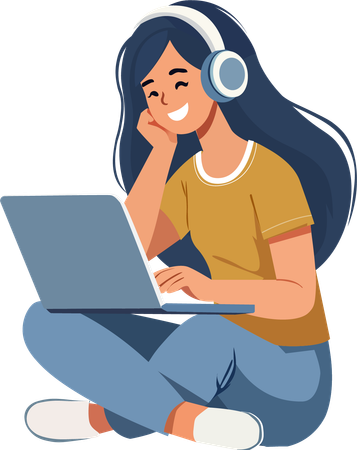 Young woman enjoys music on laptop  Illustration