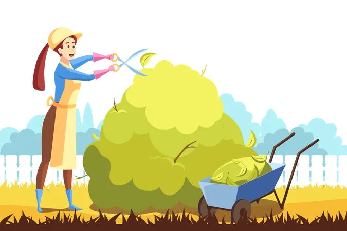 Agriculture Gardening Trimming Volunteering Concept Young Happy Woman Or Girl Farmer Working At Nature Cutting Bushes Leaves With Scissors At Countryside Rural Volunteering Vector Illustration Illustration
