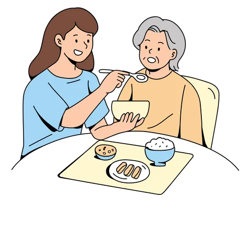 Young Woman Feeding an Elderly Woman  イラスト