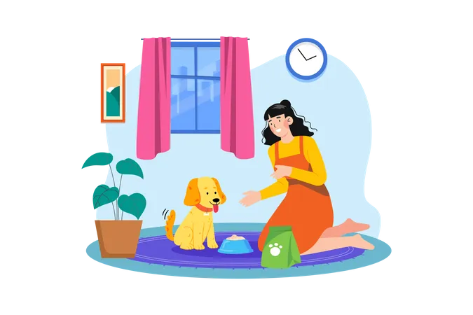 Young woman feeding her dog Illustration