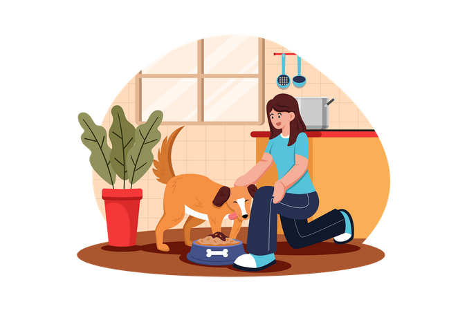Young Woman Feeding Her Dog Illustration