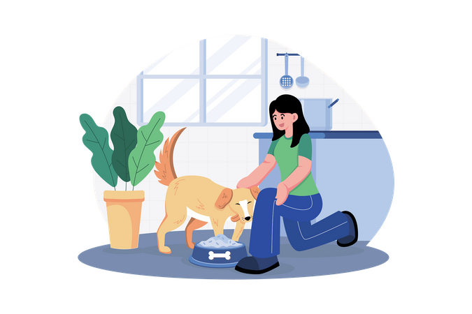 Young Woman Feeding Her Dog  イラスト